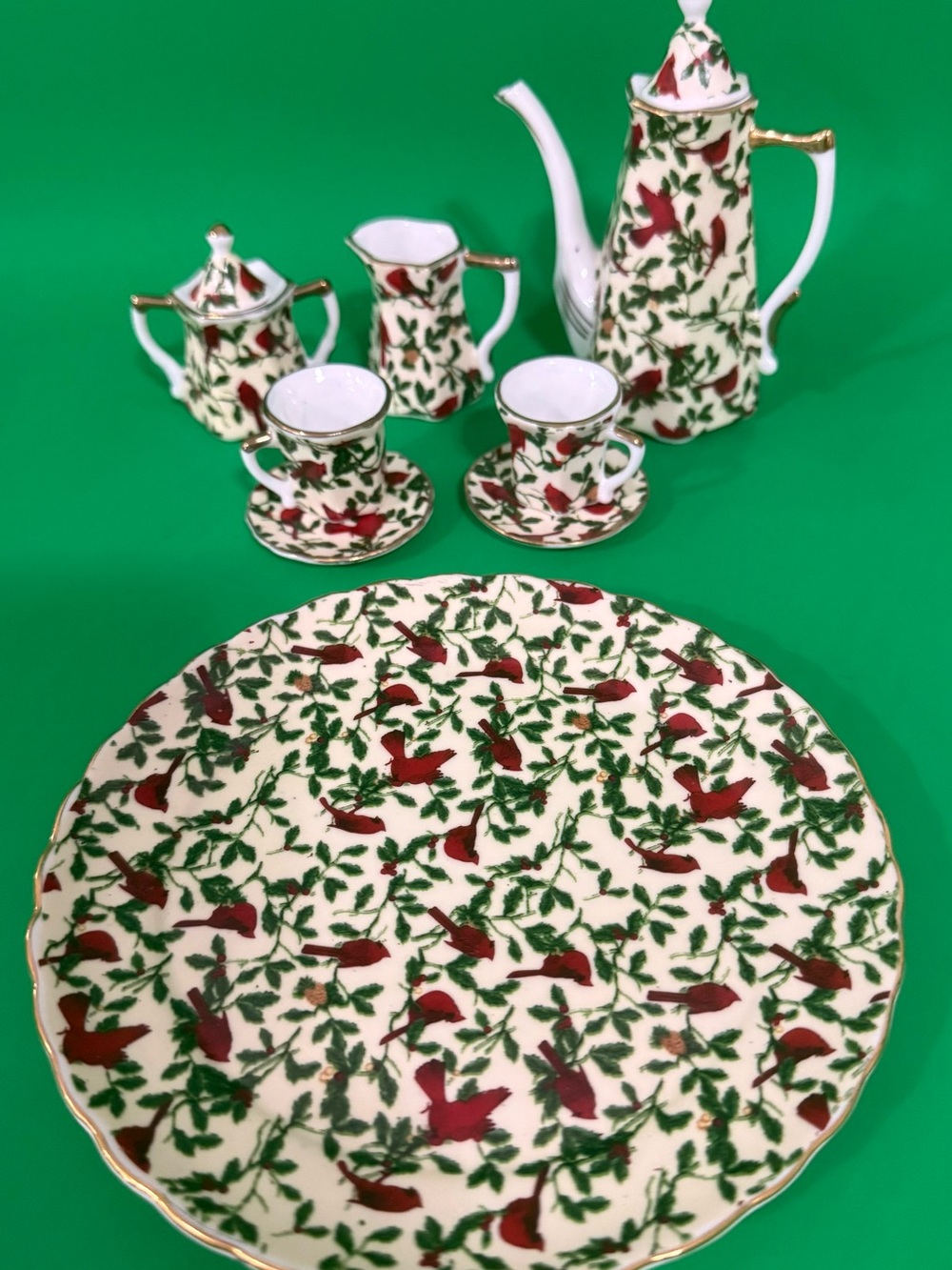 Vintage Miniature Tea Set Porcelain Christmas Cardinal Holly Chintz 9pc Boxed
